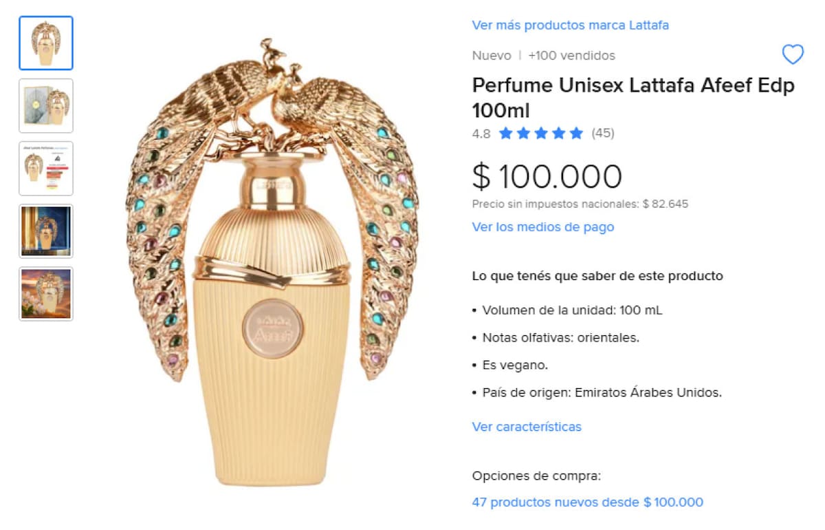 Perfume árabe Afeef de Lattafa. Foto: MercadoLibre.