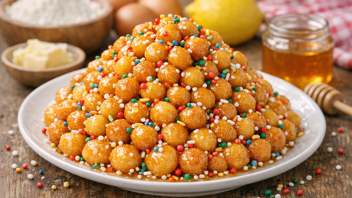La pignolata es un postre tradicional del sur de Sicilia, Italia.