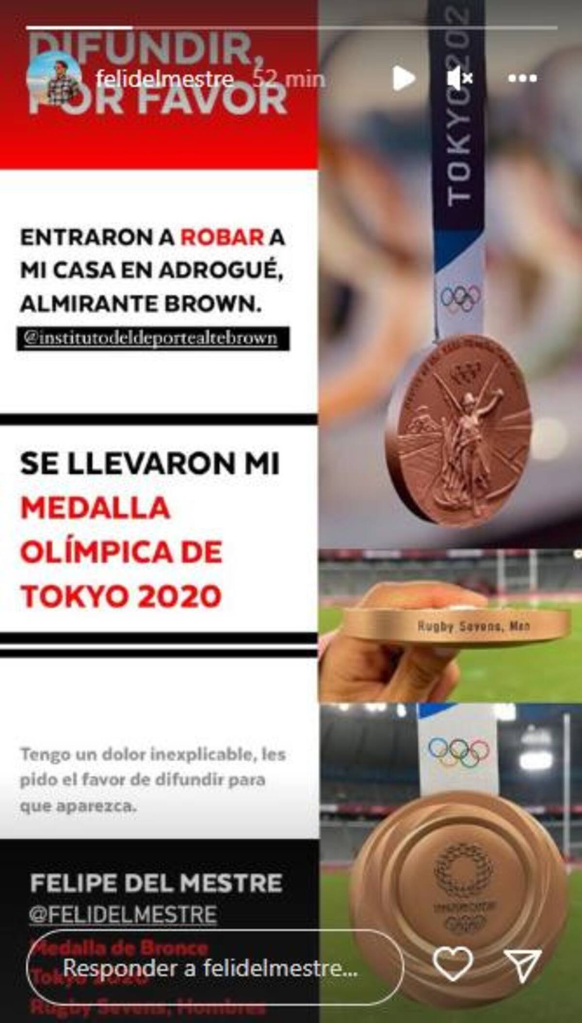 Posteo de Felipe Del Metre sobre el robo de su medalla. Foto: @felidelmestre.