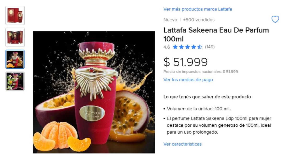 Precio del perfume árabe "Sakeena" de Lataffa. Foto: MercadoLibre.