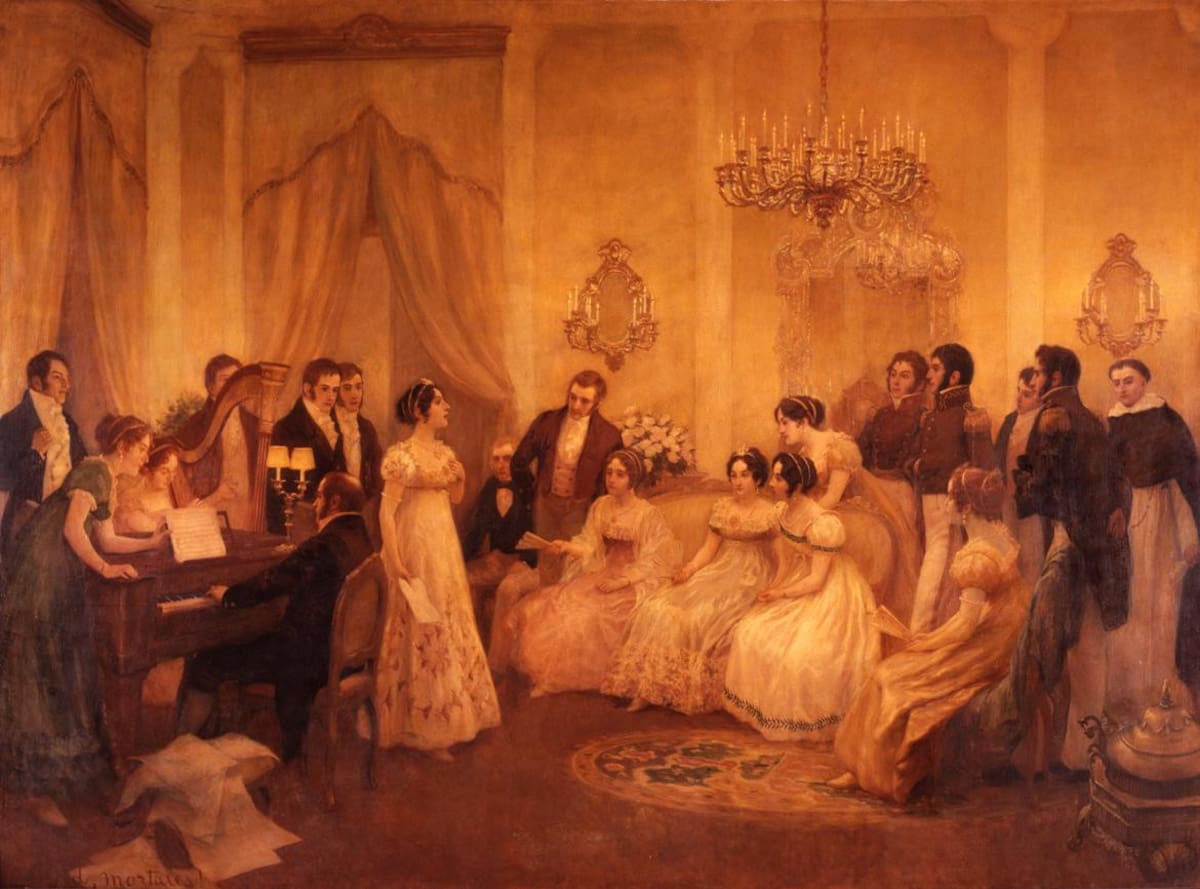 Primera ejecución del Himno Nacional, en la casa de María Sánchez de Thompson. Foto: cuadro de Subercaseaux Errázuriz.