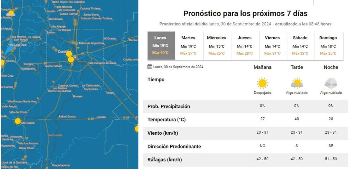 Pronóstico para los próximos 7 días en Córdona. Foto: NA.