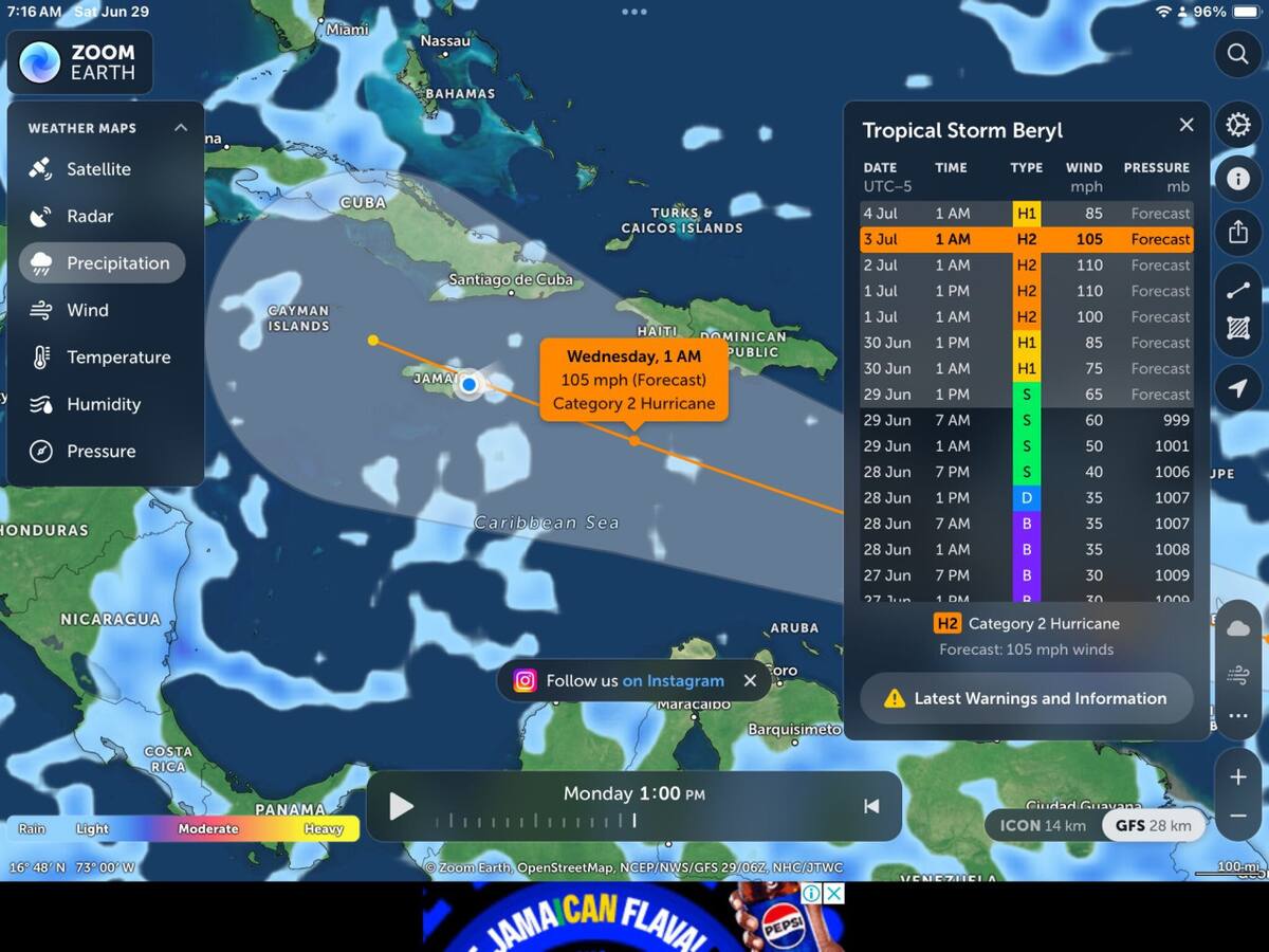 Radar de la situación de la tormenta tropical Beryl. Foto: Twitter.