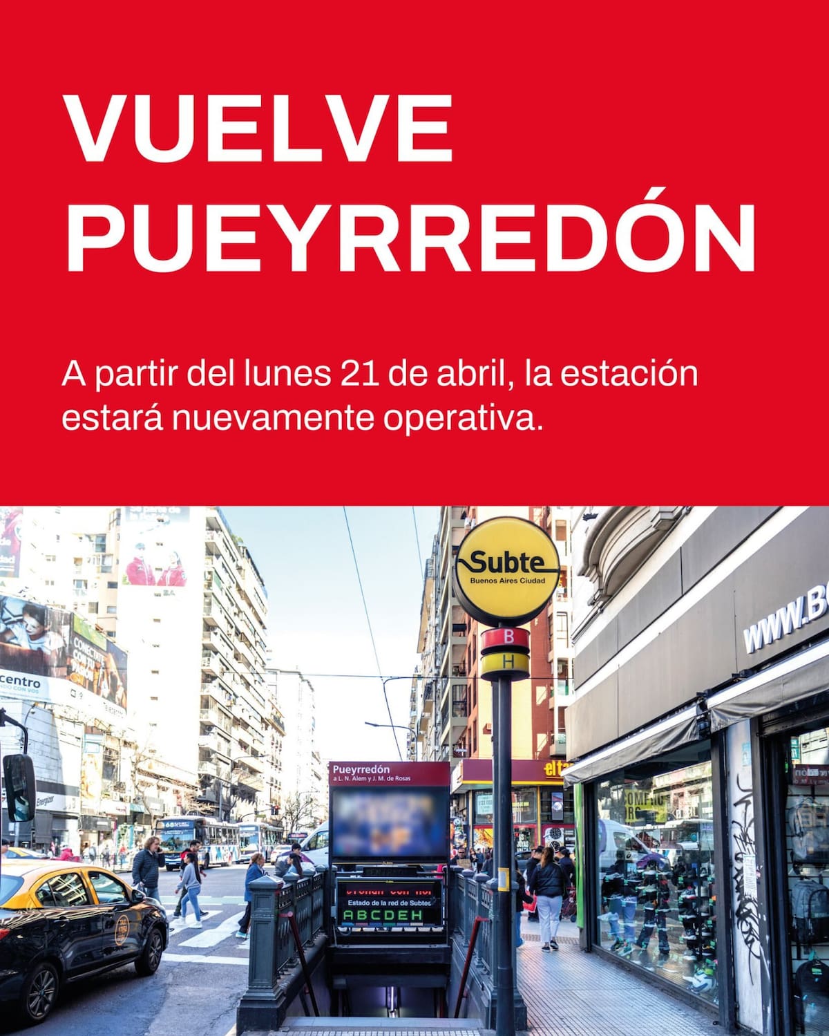 Reabre la estación Pueyrredón de la línea B. Foto: X basubte.