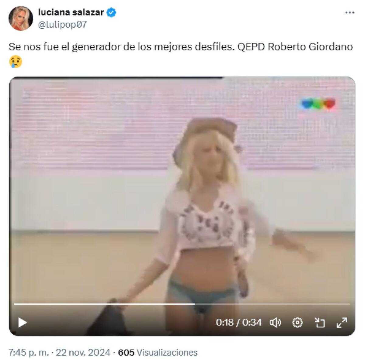 Reacción de Luciana Salazar tras conocerse el fallecimiento de Roberto Giordano. Foto: X.