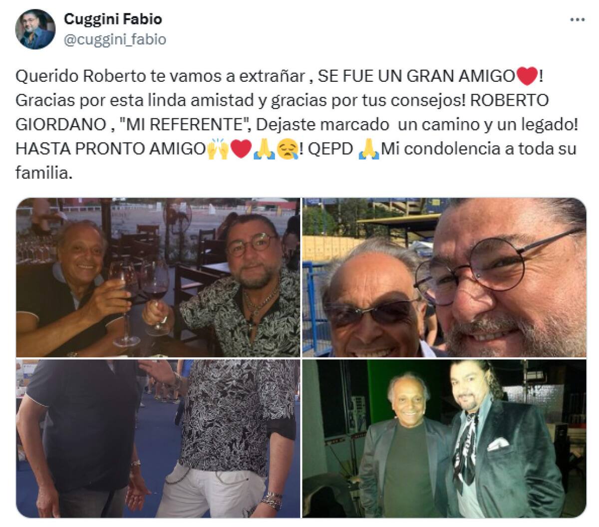 Reacción del estilista Fabio Cuggini tras conocerse el fallecimiento de Roberto Giordano. Foto: Instagram.