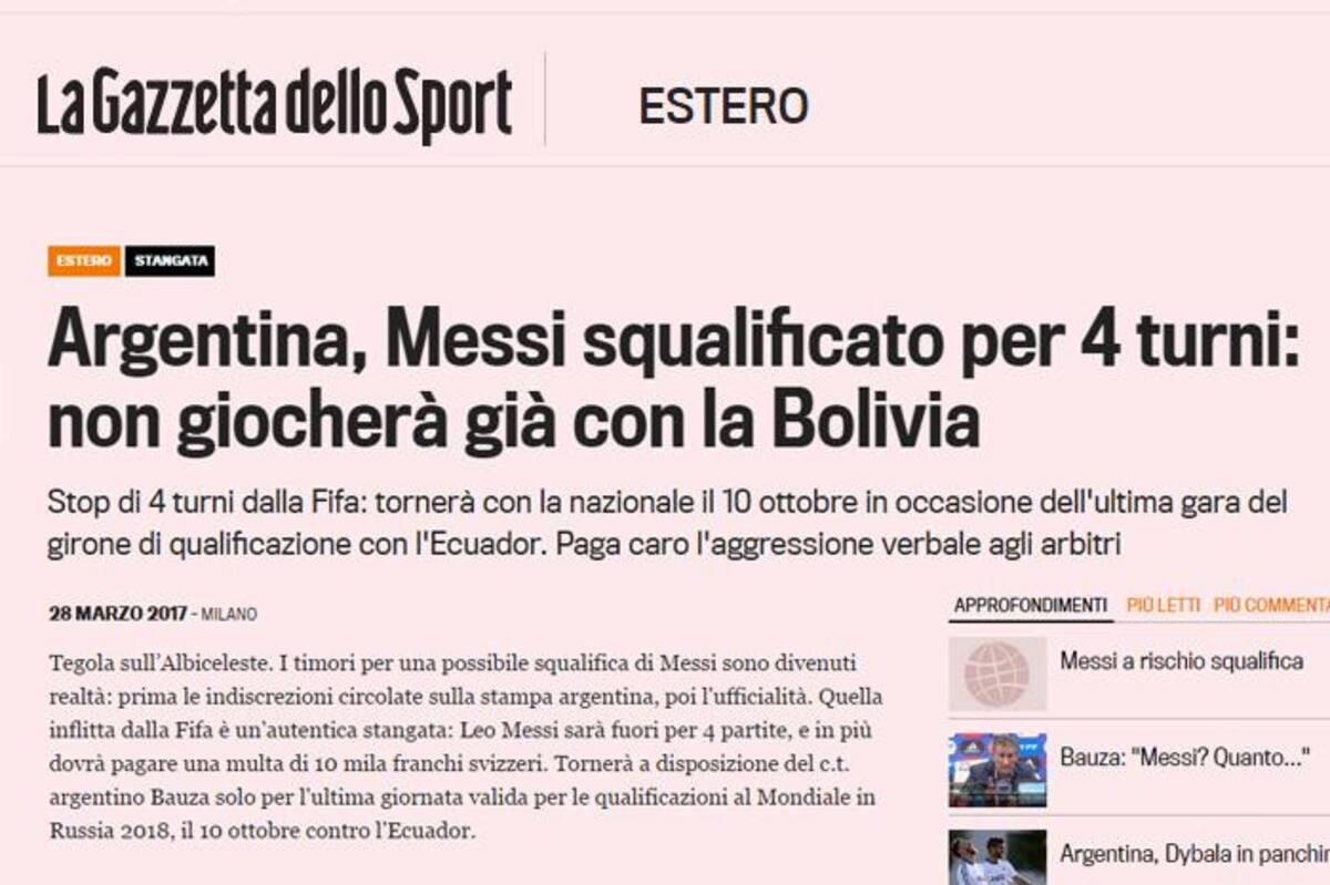 Sanción a Messi en los medios del Mundo