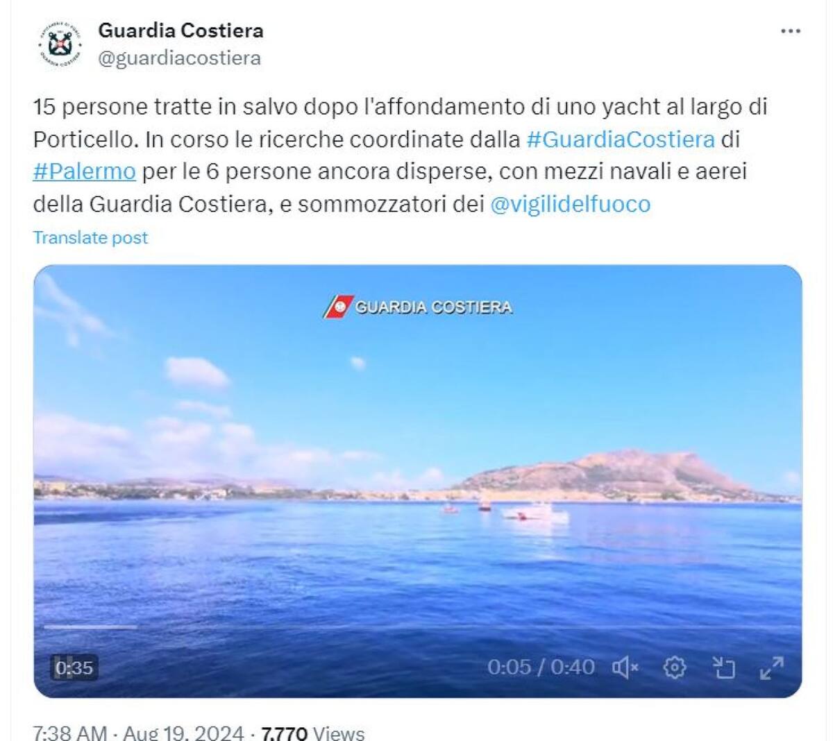 Se hundió un yate de lujo en la costa de Palermo, Italia. Foto captura X.