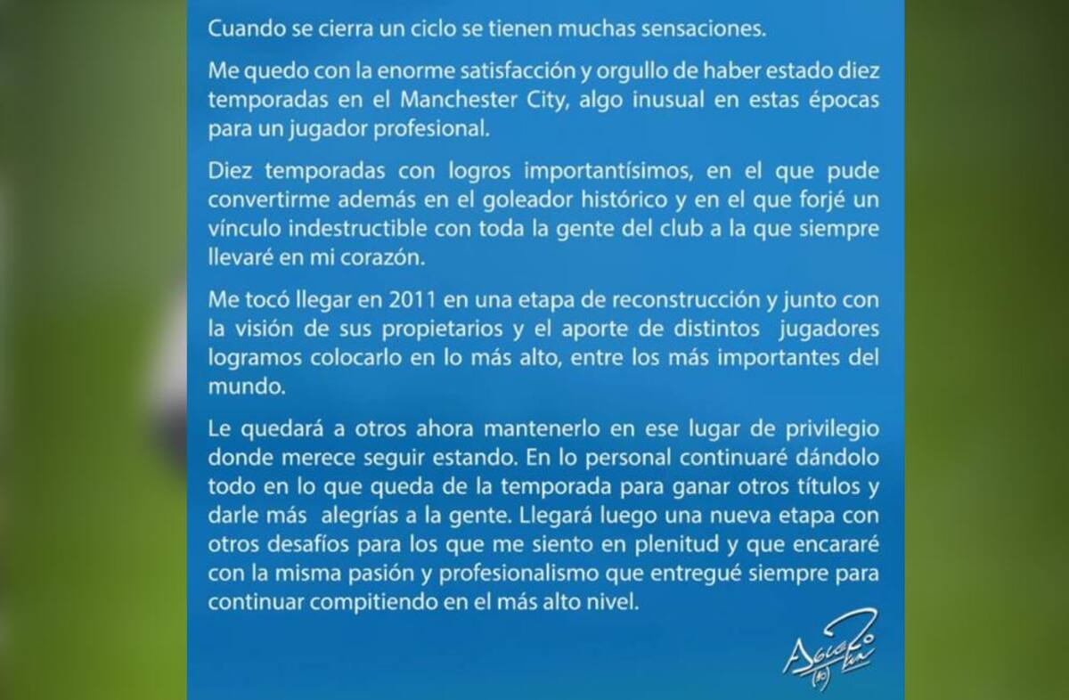Sergio Kun Aguero, Manchester City, despedida en redes sociales