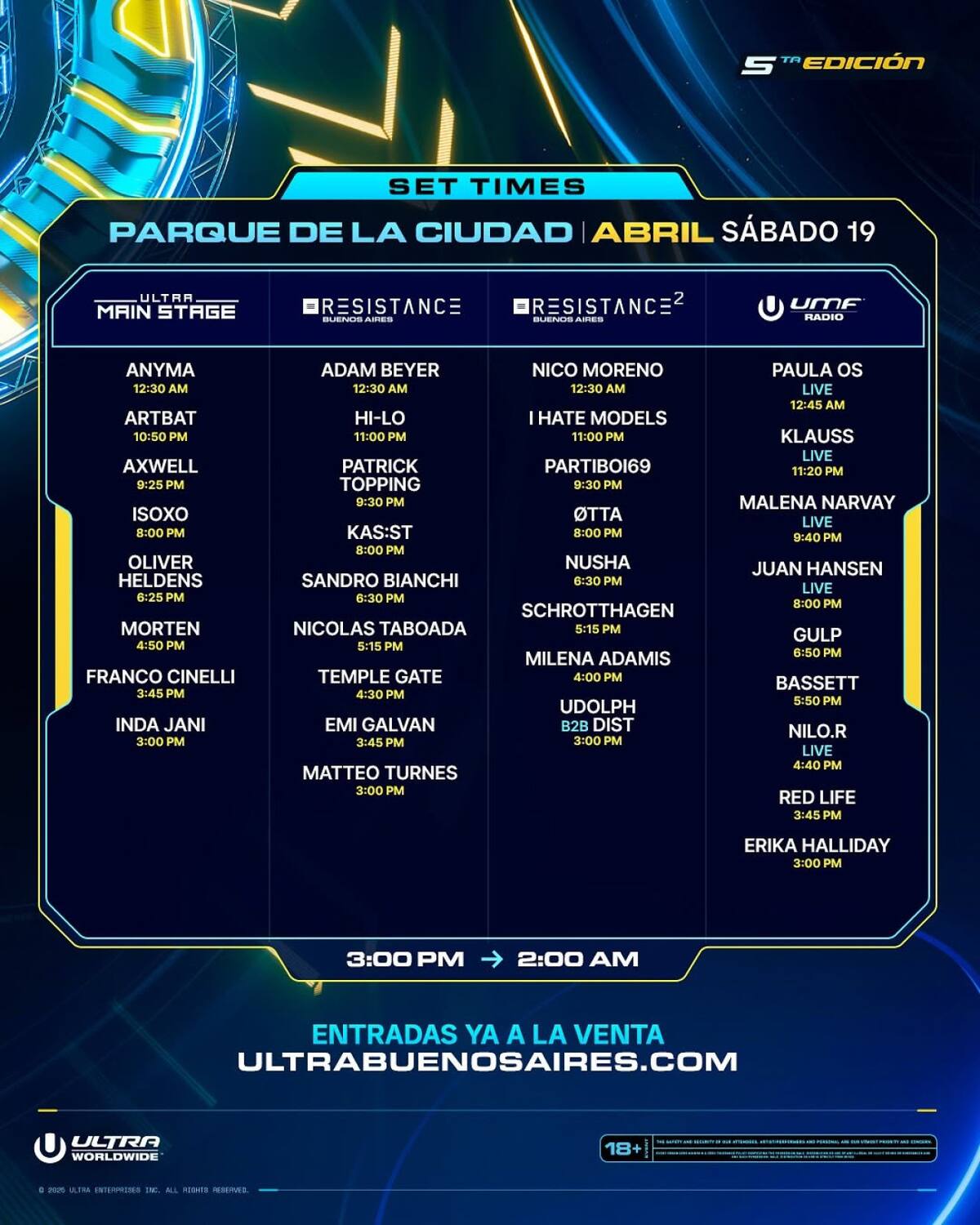 Set times del Ultra Music Festival. Foto Instagram @ultrabsas