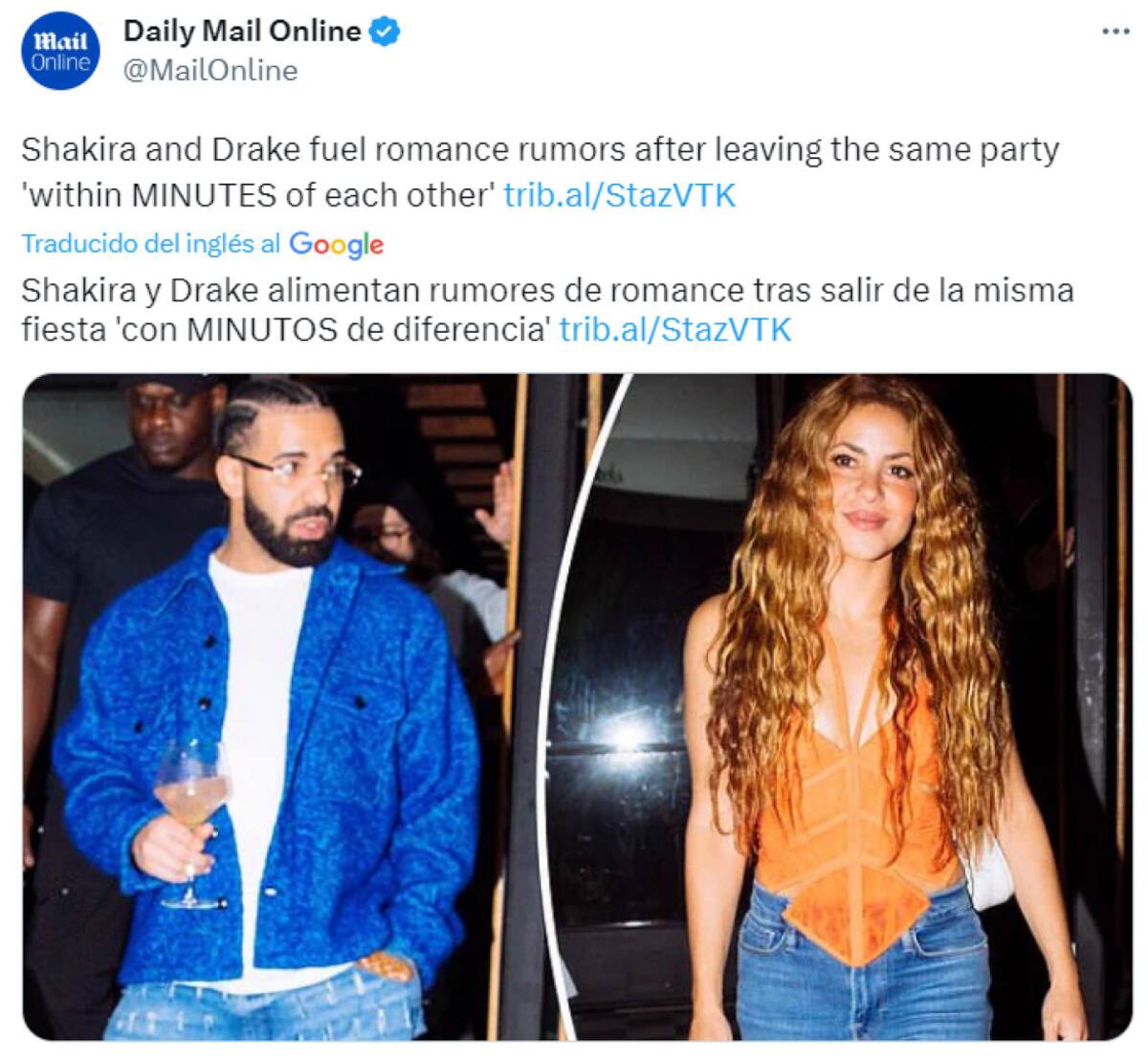 Shakira y Drake saliendo de la misma fiesta. Foto: Daily Mail.