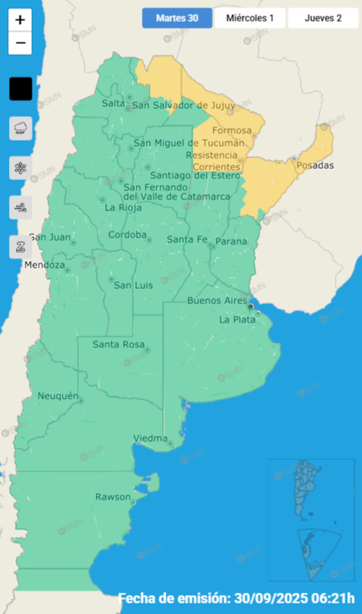 Siete provincias están bajo alerta por tormentas.