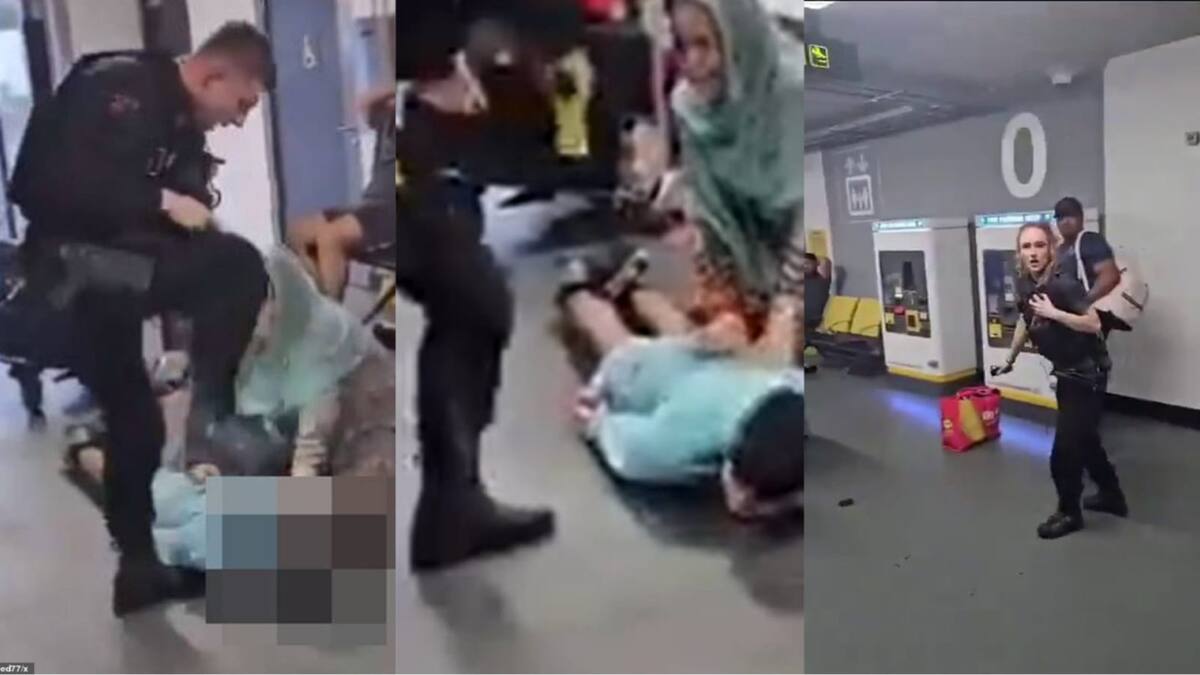 Suspenden a un policía por patear a una persona en el aeropuerto de Mánchester. Foto: X.