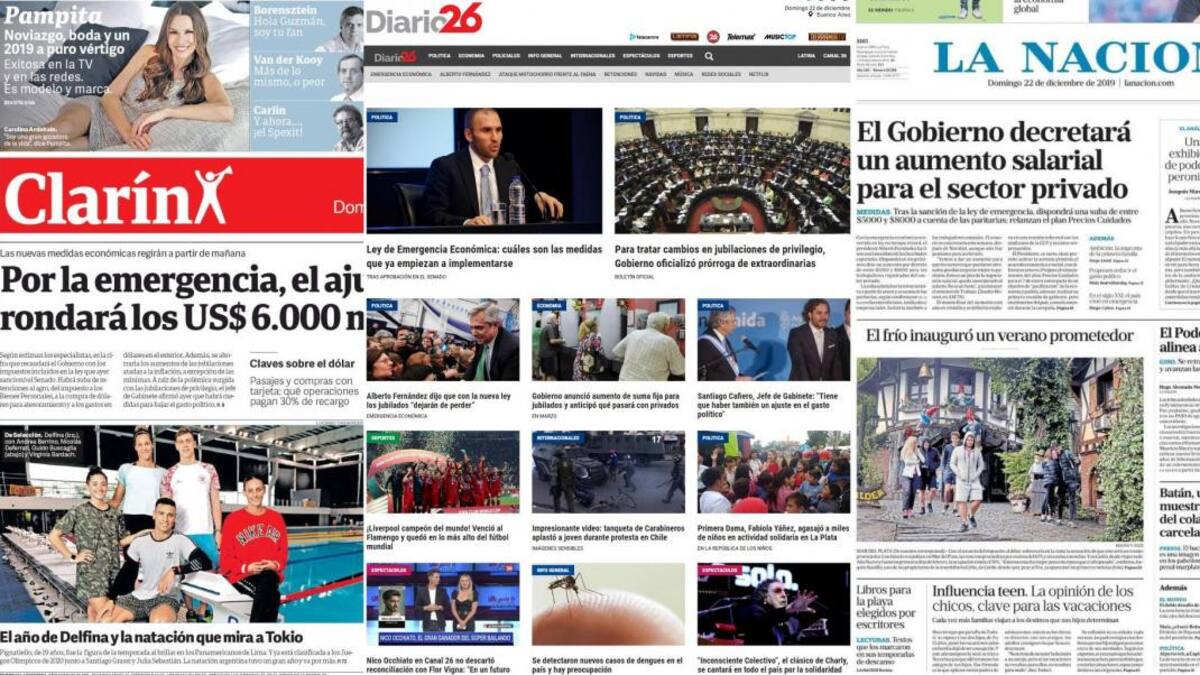 Tapa de diarios argentinos domingo 22 de diciembre