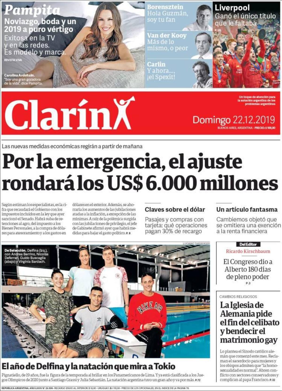 Tapa de diarios, Clarín, domingo 22 de diciembre