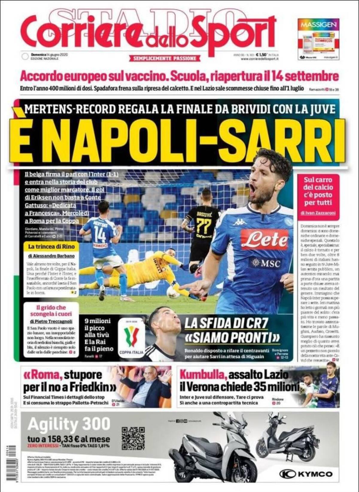 Tapa de diarios, Corriere dello sport, domingo 14 de junio de 2020