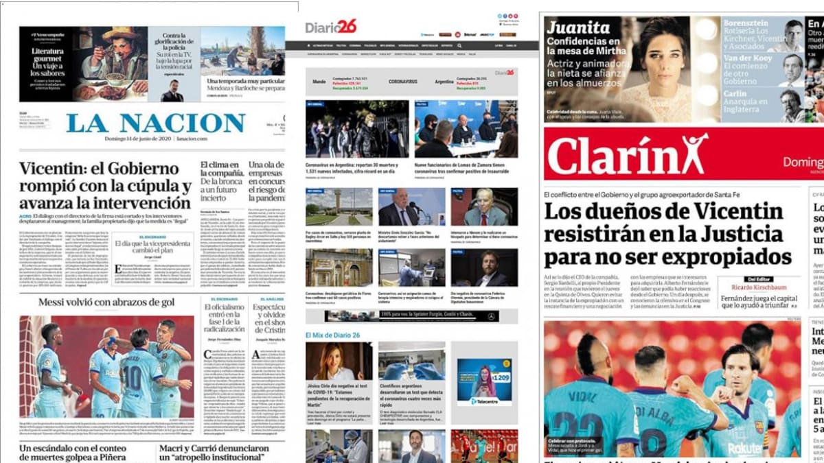 Tapa de diarios, diarios de Argentina, domingo 14 de junio de 2020