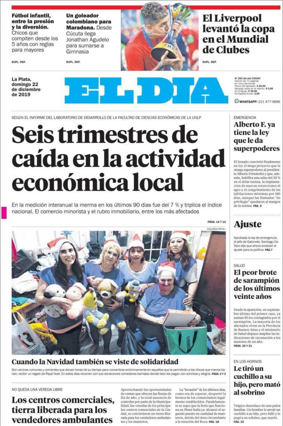 Tapa de diarios, El Día, domingo 22 de diciembre