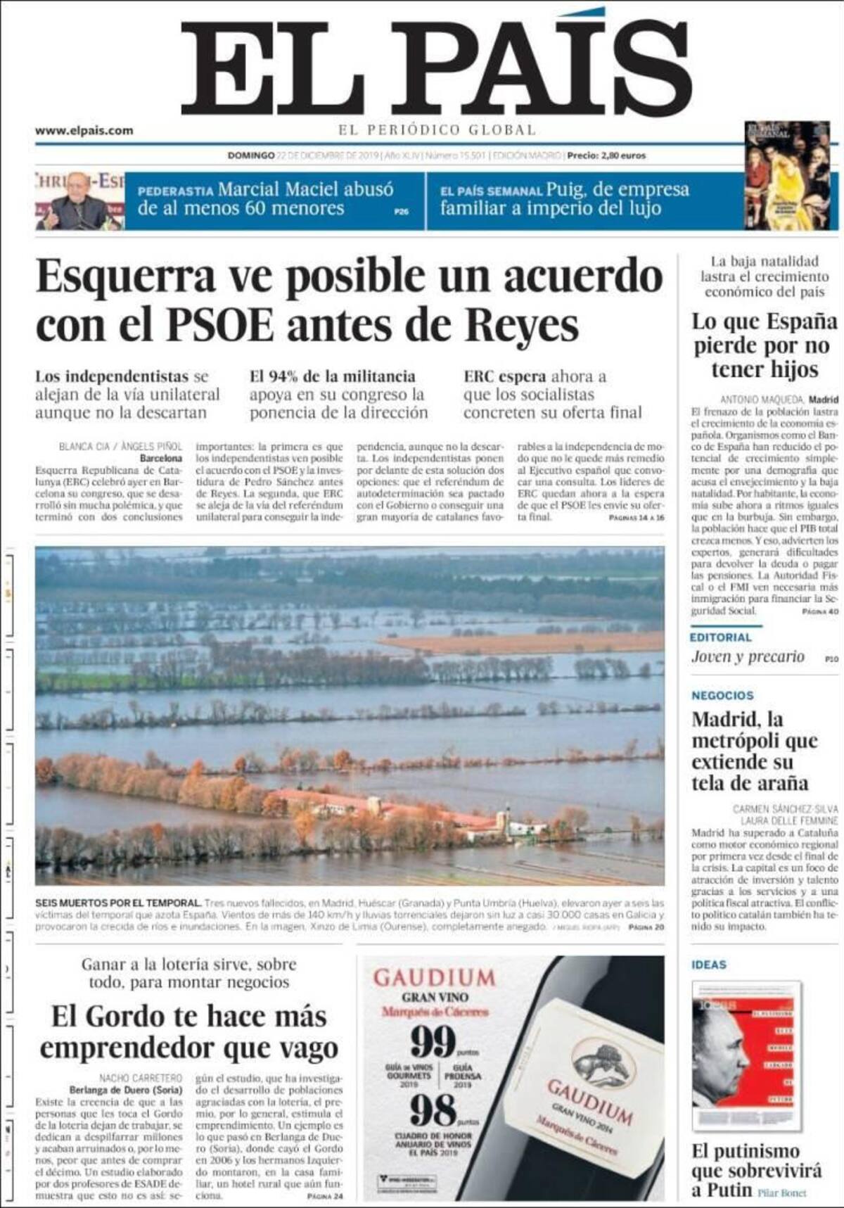 Tapa de diarios, El País, domingo 22 de diciembre