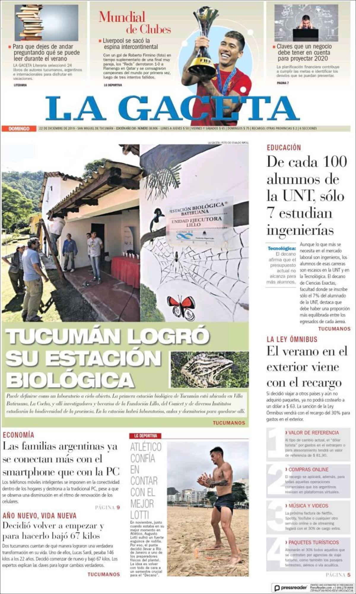 Tapa de diarios, La Gaceta, domingo 22 de diciembre