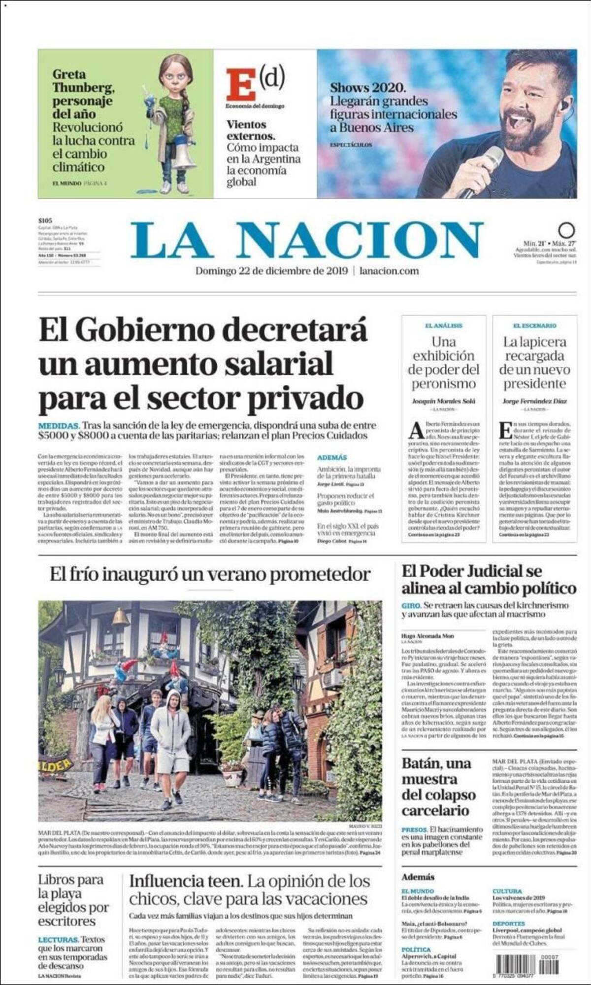 Tapa de diarios, La Nación, domingo 22 de diciembre