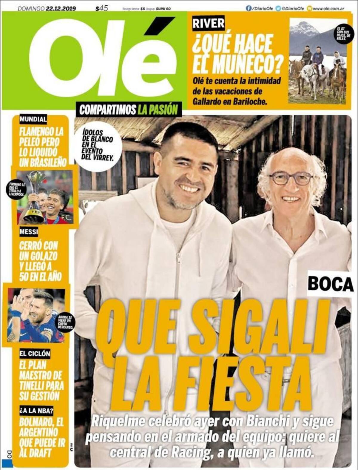 Tapa de diarios, Olé, domingo 22 de diciembre