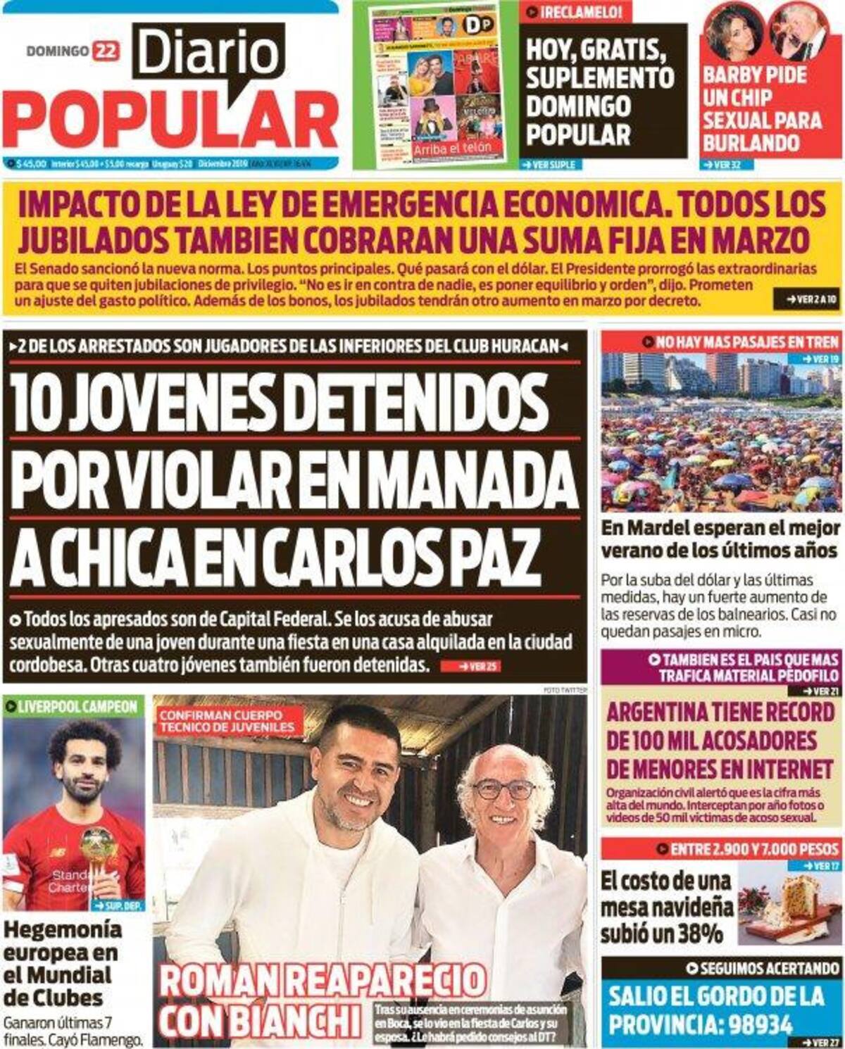 Tapa de diarios, Popular, domingo 22 de diciembre