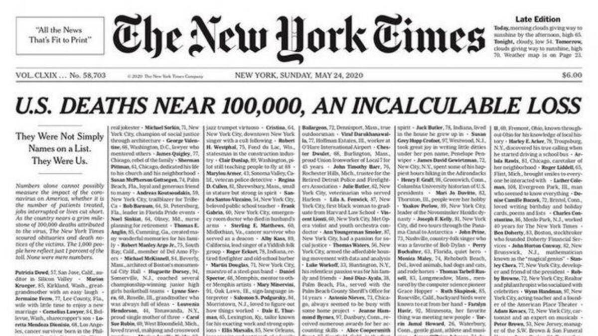 Histórica tapa de The New York Times: la dramática lista de muertos por coronavirus en EE.UU.