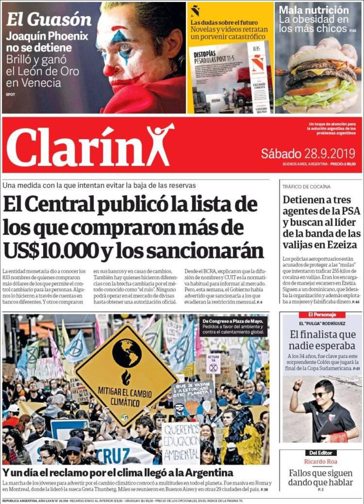Tapas de Diarios - Clarín- Sábado 28-9-19
