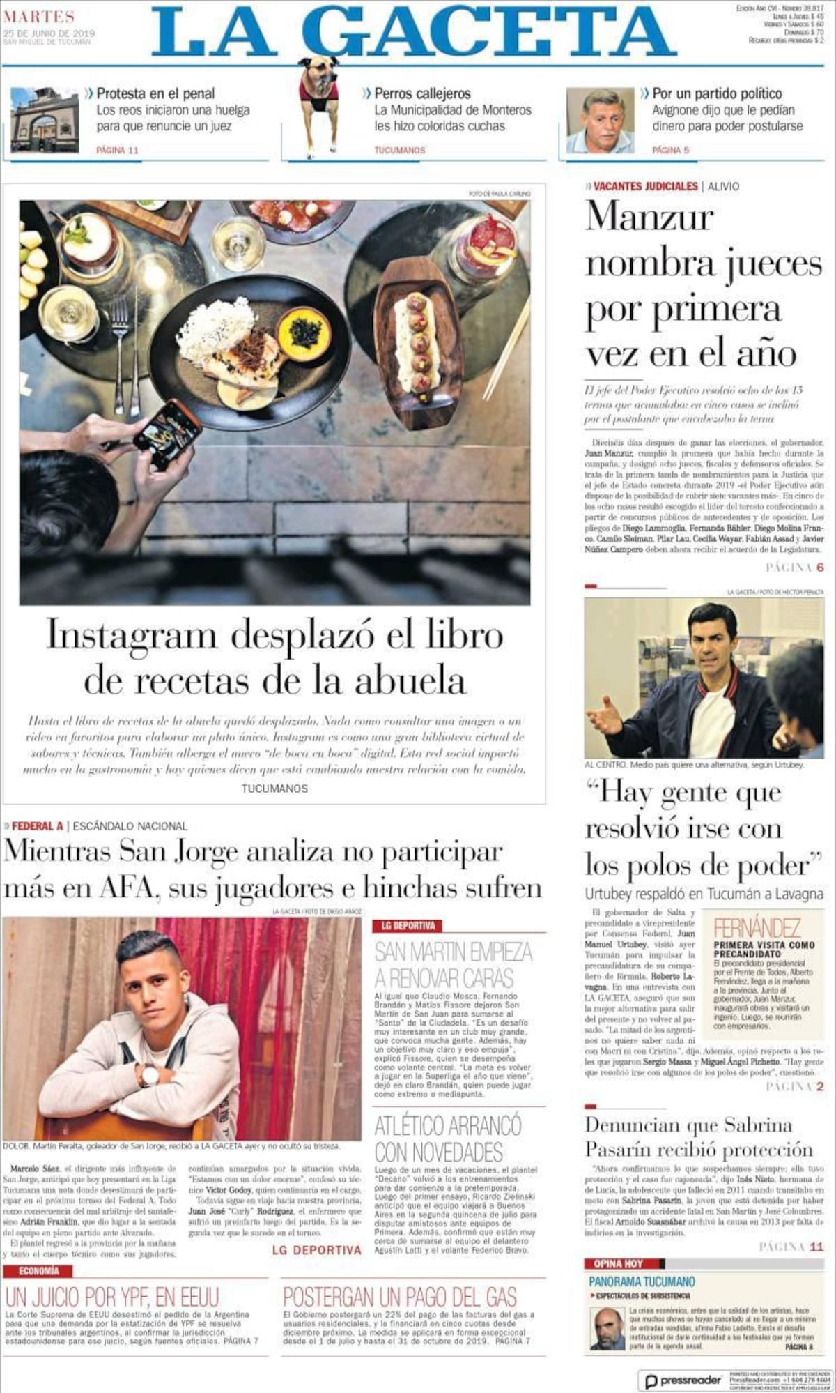 Tapas de diarios - La Gaceta martes 25-06-19