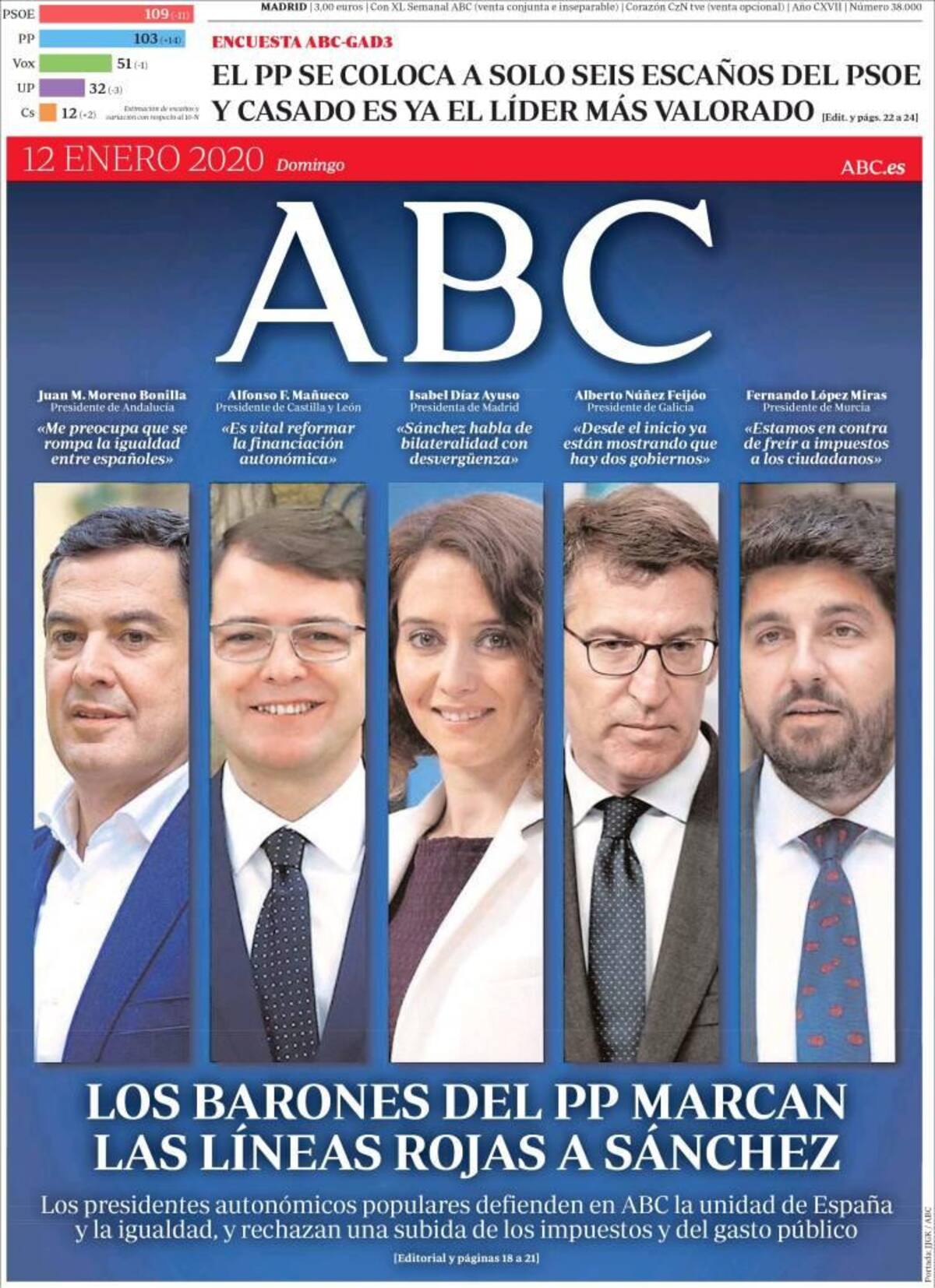 Tapas de diarios, ABC, domingo 12 de enero de 2020