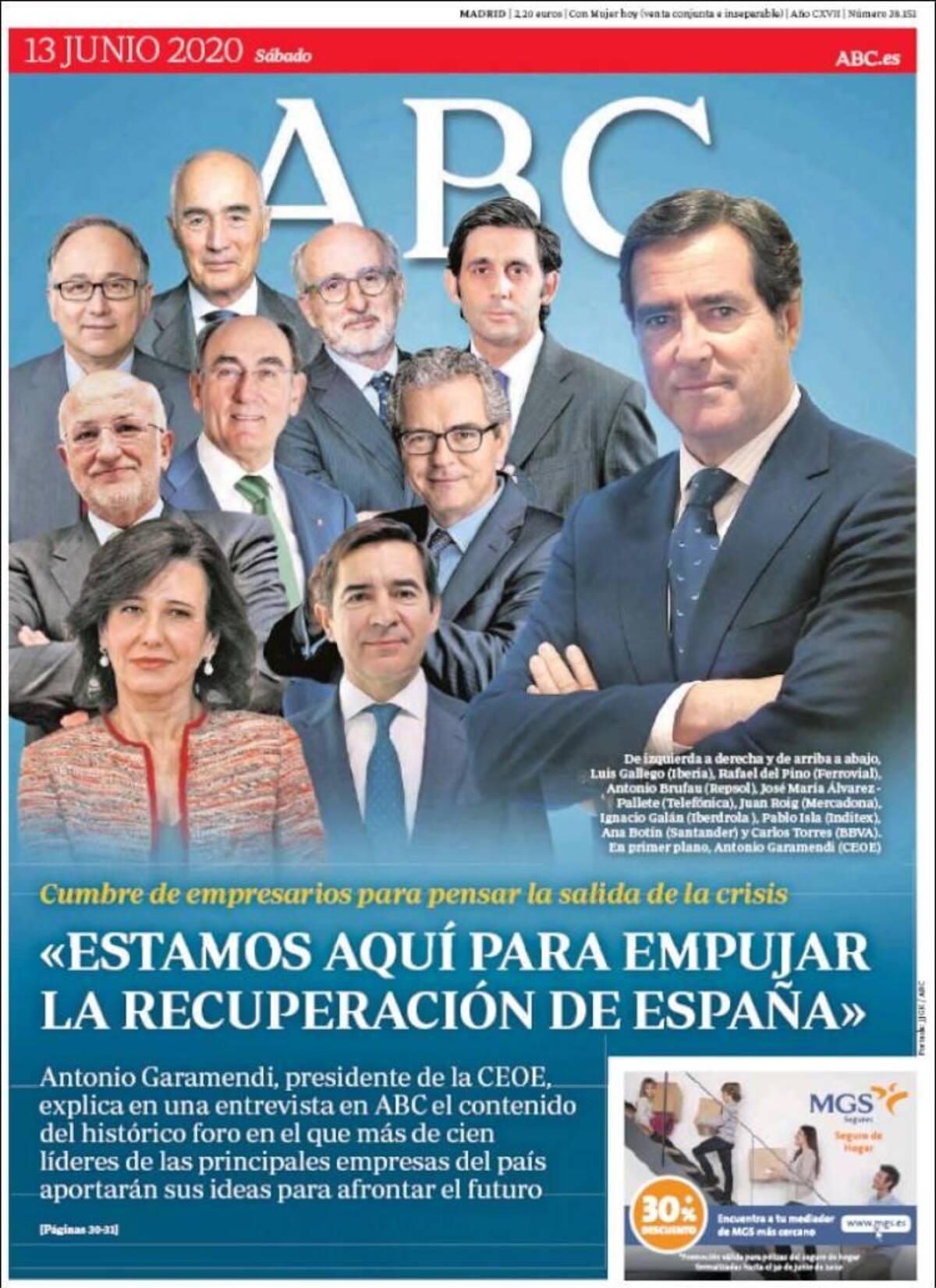 Tapas de diarios, ABC, sábado 13 de junio de 2020