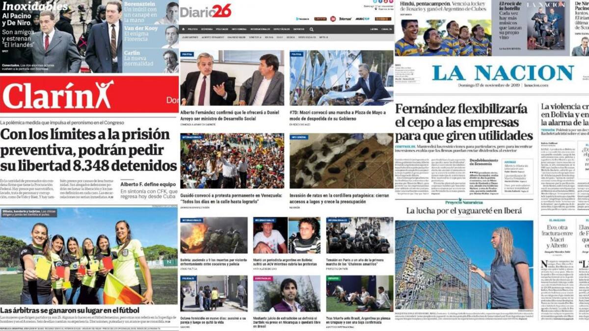 Tapas de diarios argentinos, domingo 17 de noviembre de 2019