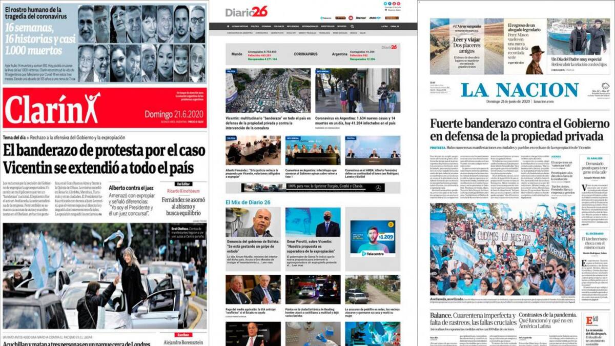 Tapas de diarios argentinos, domingo 21 de junio de 2020