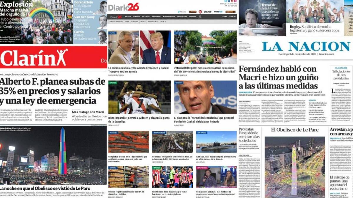 Tapas de diarios argentinos, domingo 3-11-19