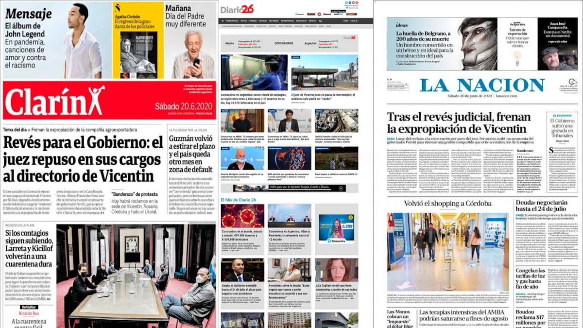 Tapas de diarios argentinos, sábado 20 de junio de 2020