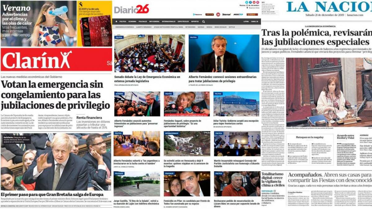 Tapas de diarios argentinos, sábado 21 de diciembre de 2019