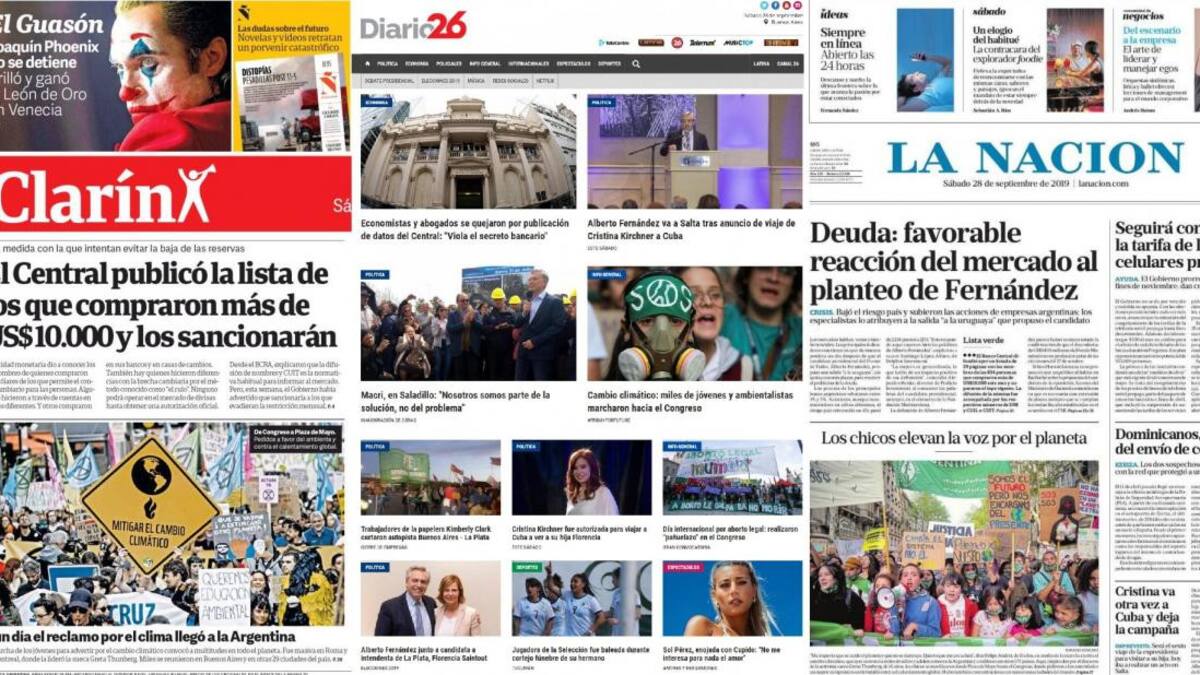 Tapas de diarios argentinos, sábado 28-09-19