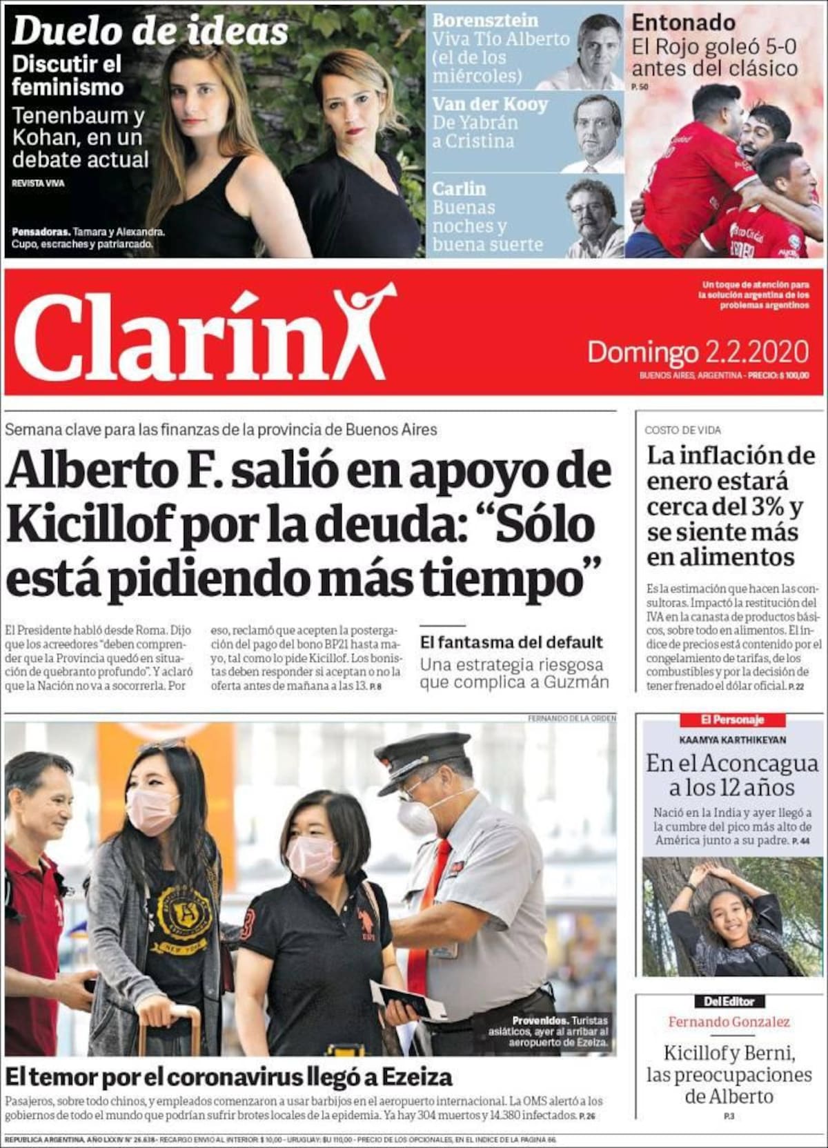 Tapas de diarios, Clarín, domingo 2 de febrero de 2020