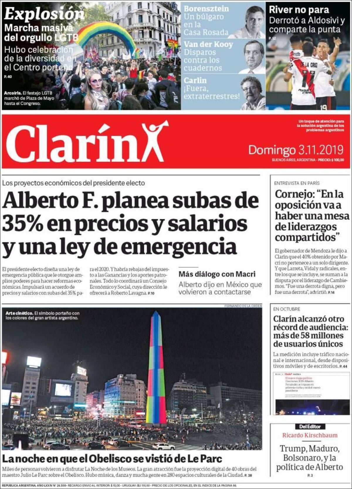 Tapas de diarios, Clarín, domingo 3-11-19