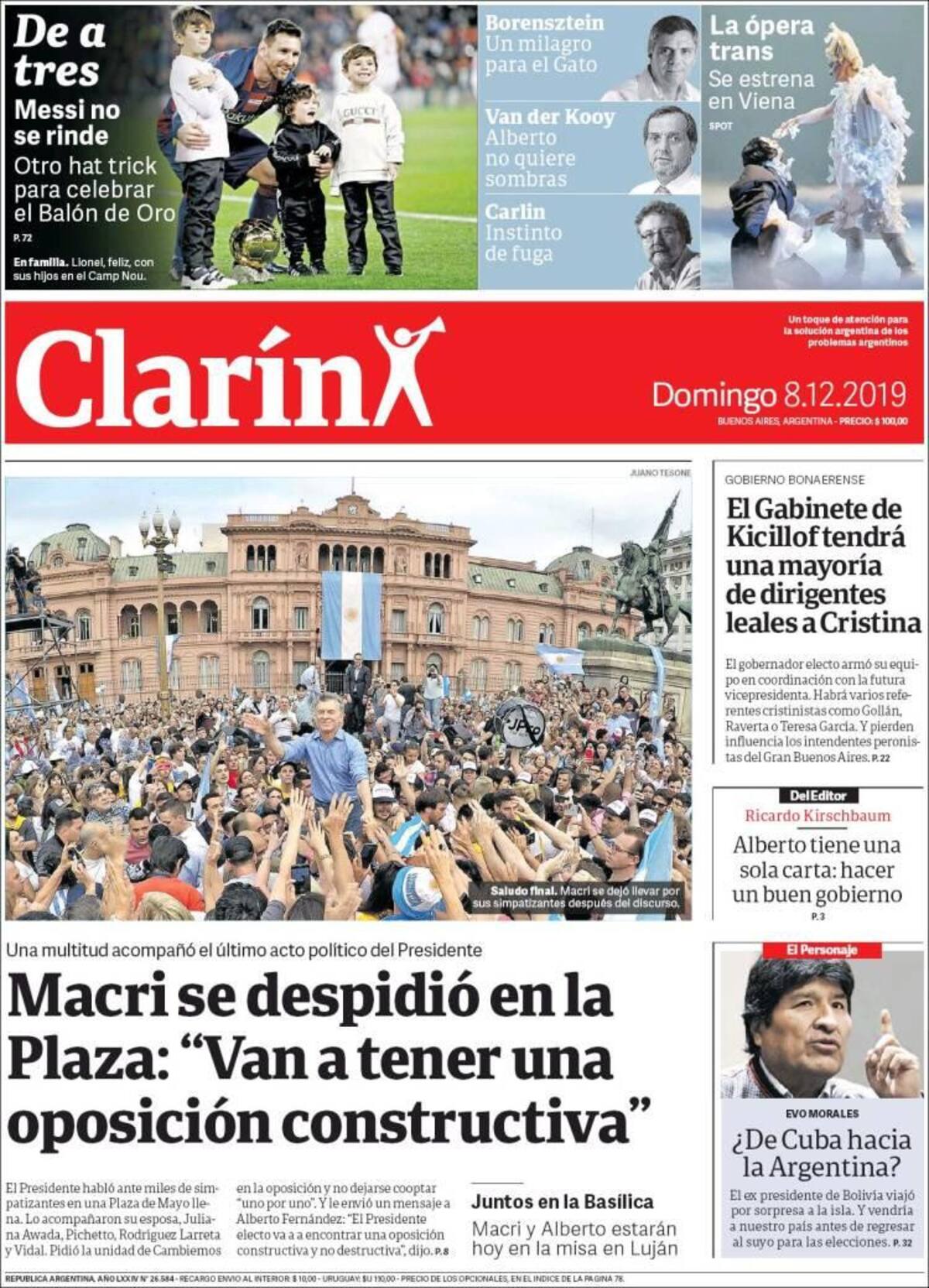 Tapas de diarios, Clarín, domingo 8 de diciembre de 2019