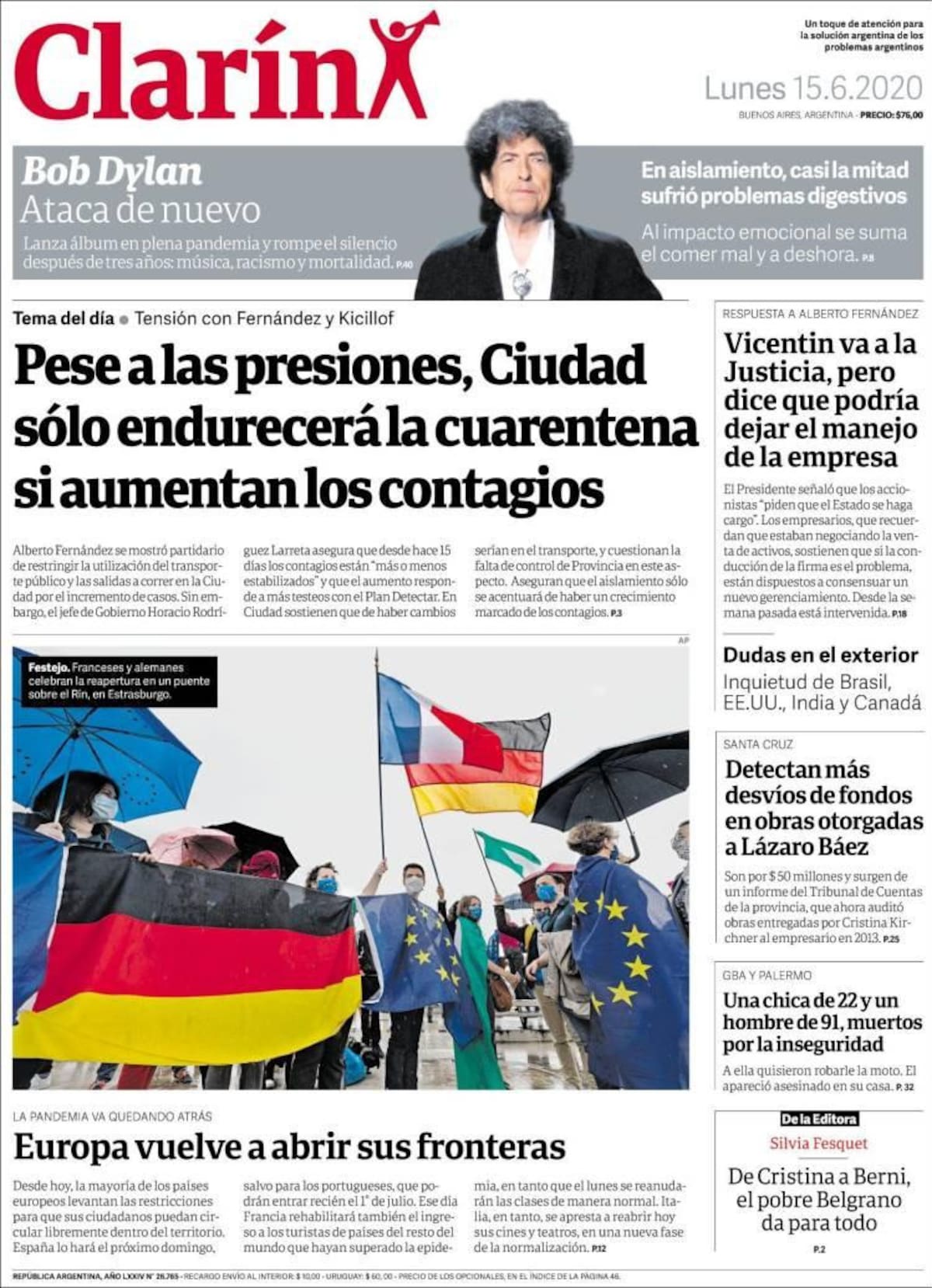 Tapas de diarios, Clarín, lunes 15 de junio de 2020