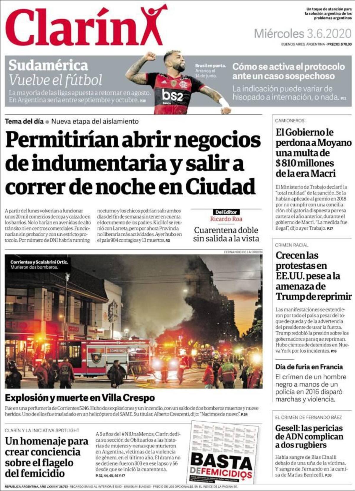 Tapas de diarios, Clarin, miercoles 3 de junio de 2020