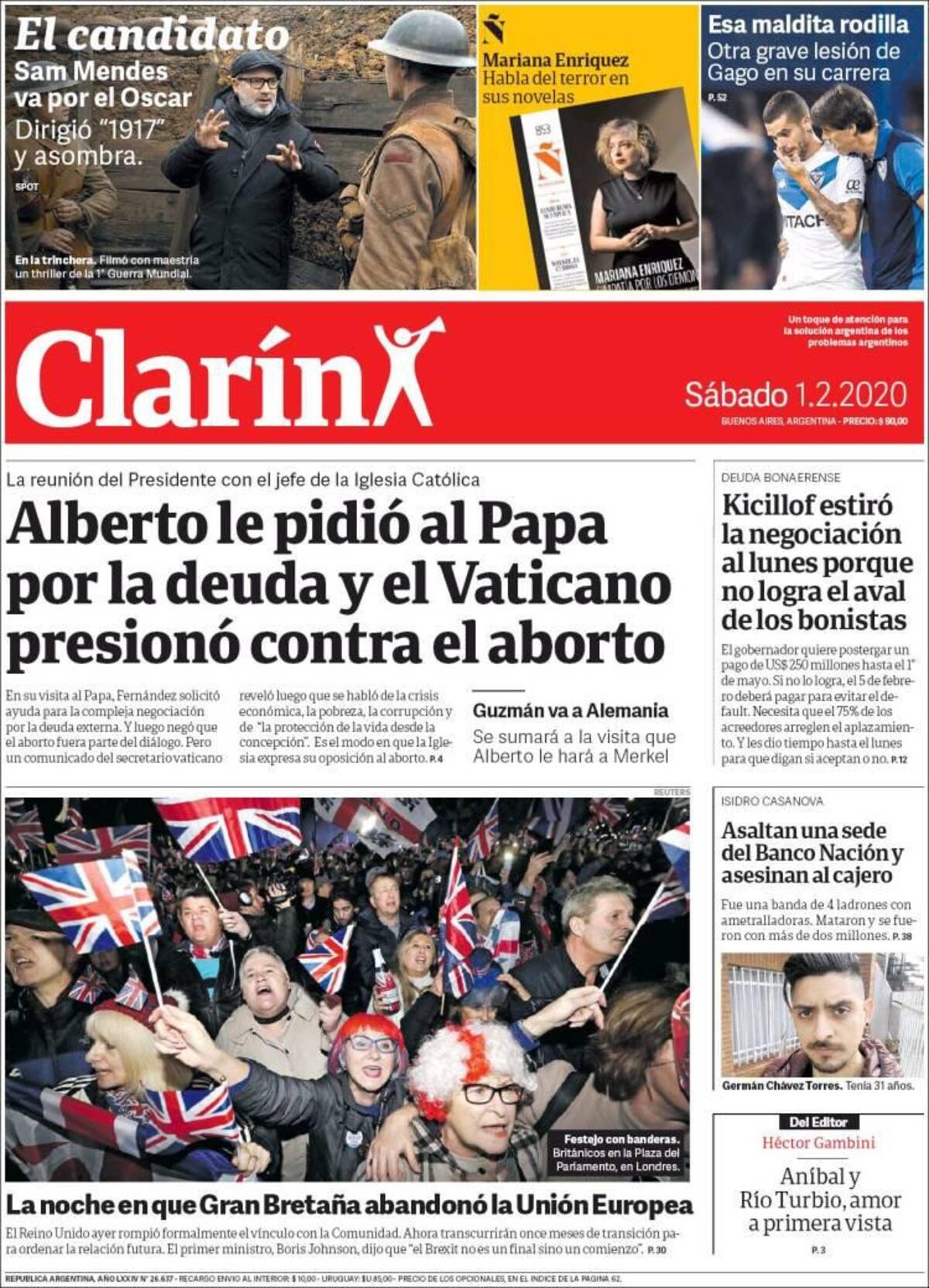 Tapas de diarios, Clarín, sábado 1 de febrero de 2020