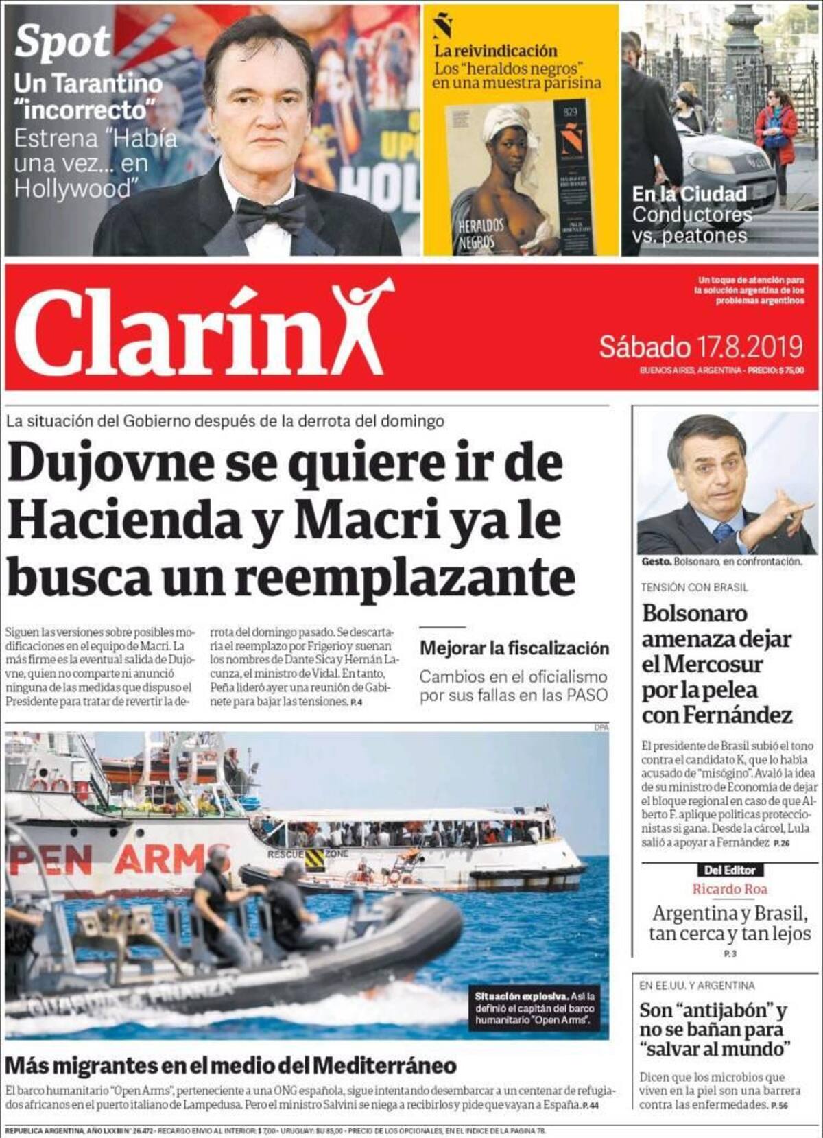 Tapas de Diarios, Clarín, Sábado 17-8-19