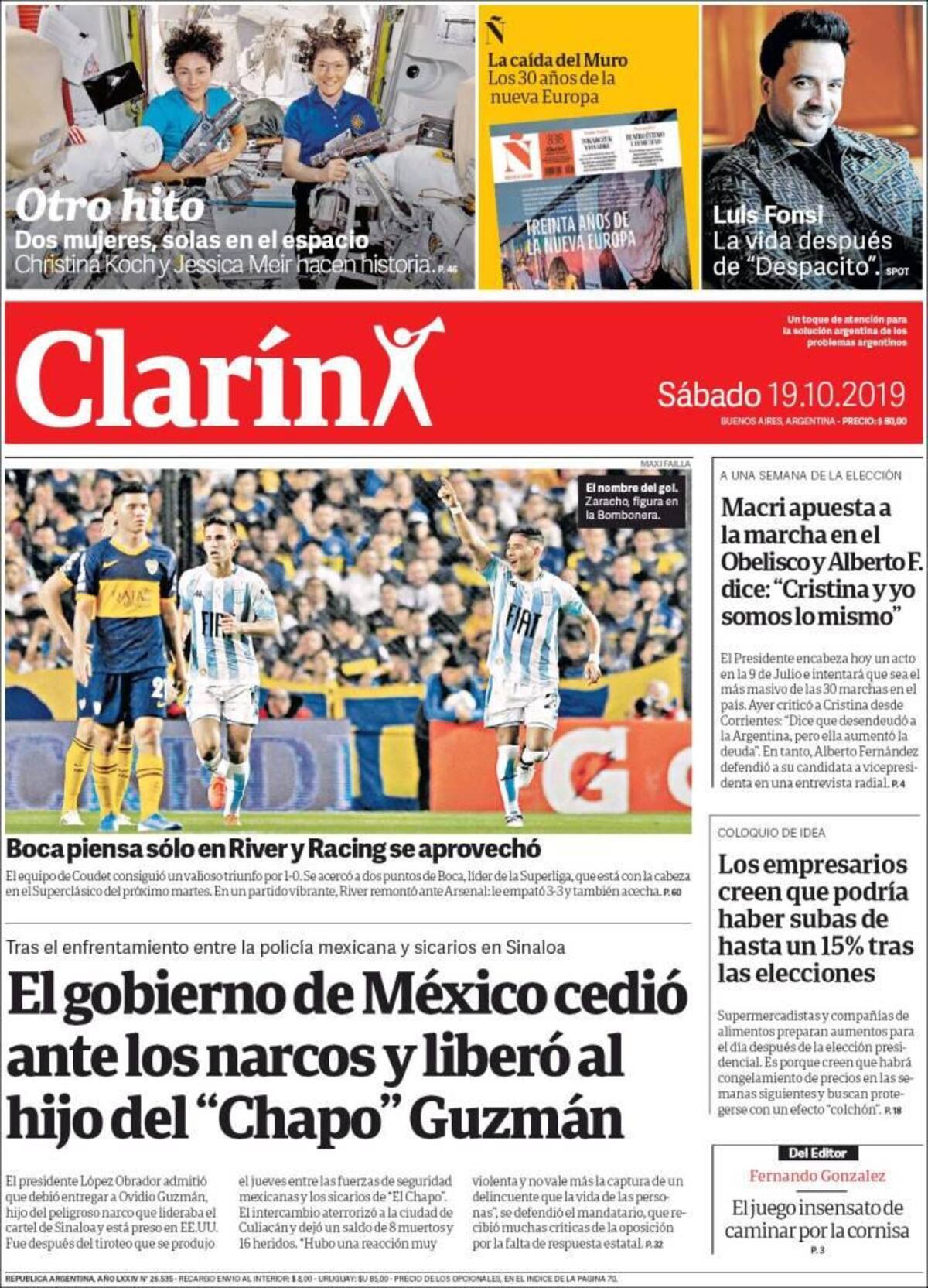 Tapas de diarios, Clarín, Sábado 19-10-19
