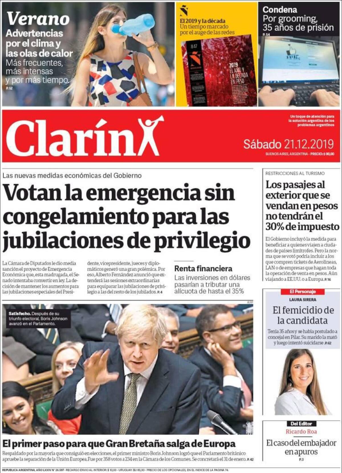 Tapas de diarios, Clarín, sábado 21 de diciembre de 2019