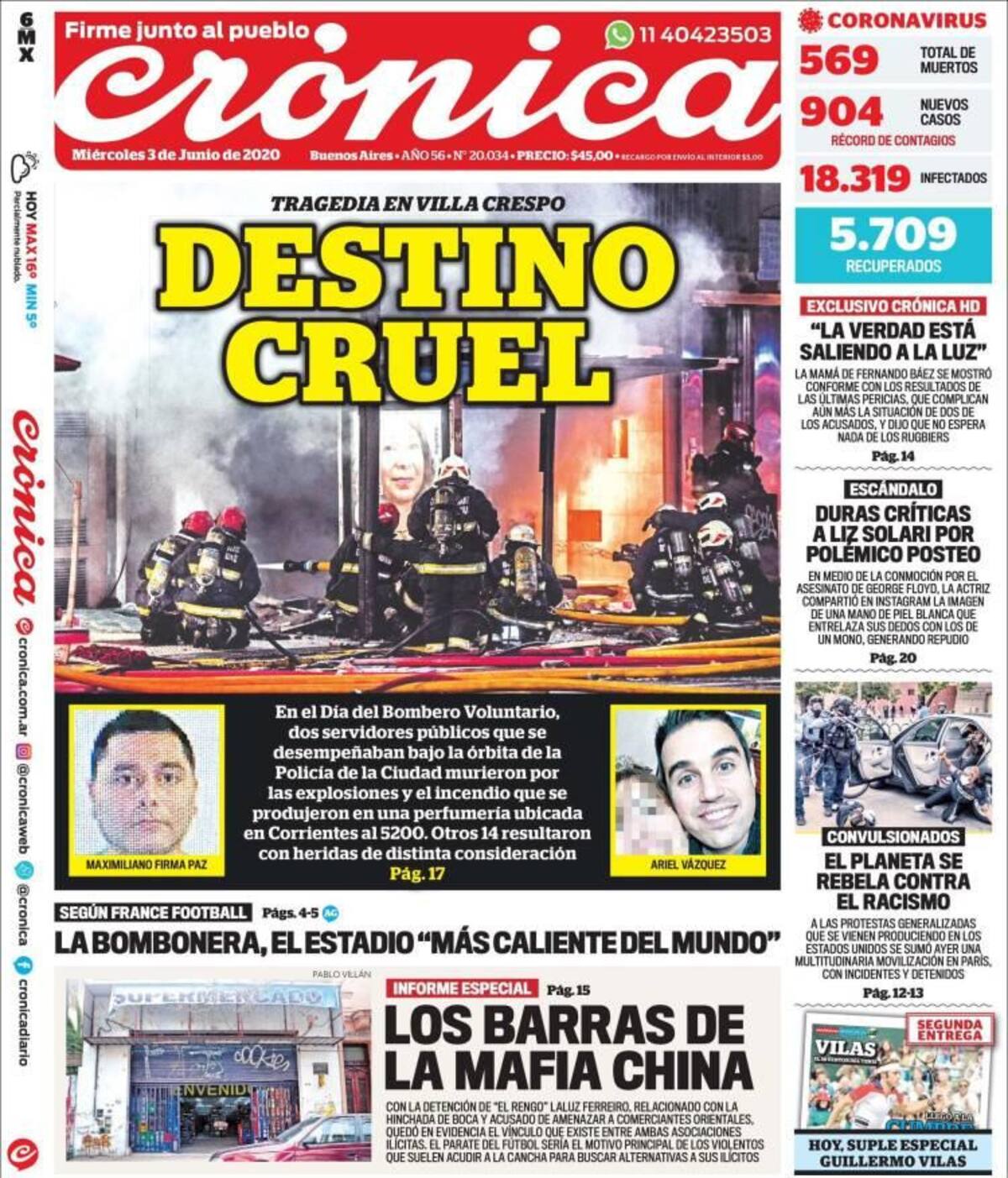 Tapas de diarios, Cronica, miercoles 3 de junio de 2020