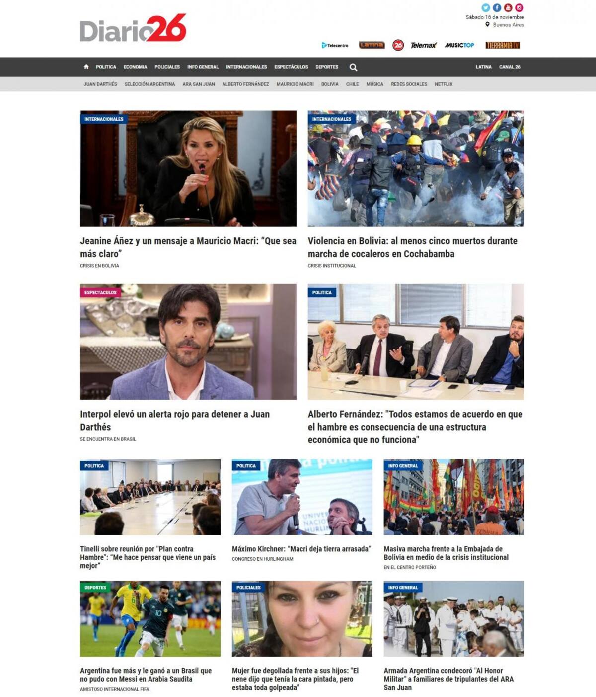 Tapas de diarios, Diario 26, sábado 16 de noviembre de 2019