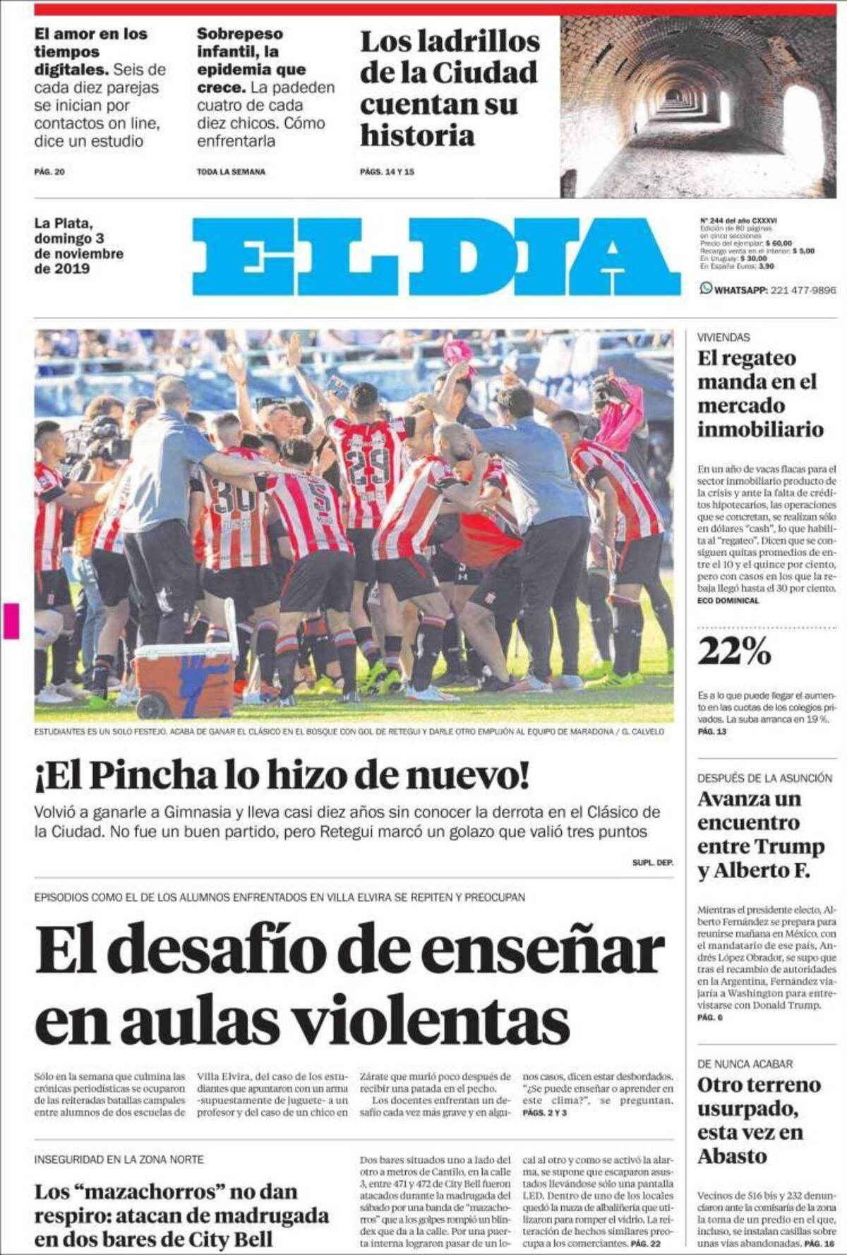 Tapas de diarios, El Día, domingo 3-11-19